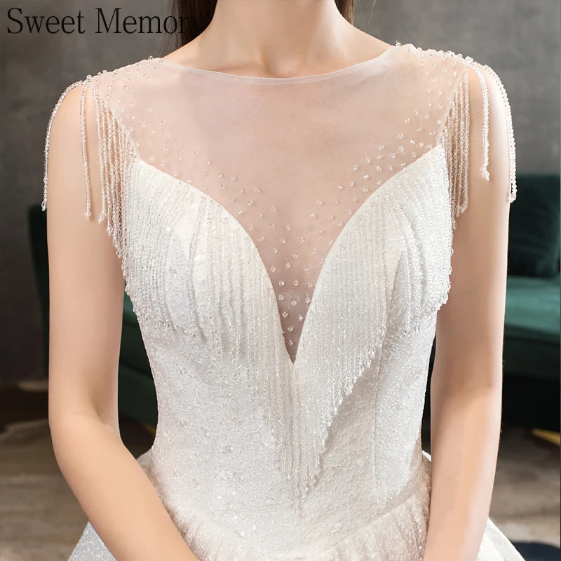 

Sweet Memory New Luxury Tassel Beading Wedding Dresses 2021 Sexy Dress White Robe Mariage Women Lace Up Vestido De Noiva 2020