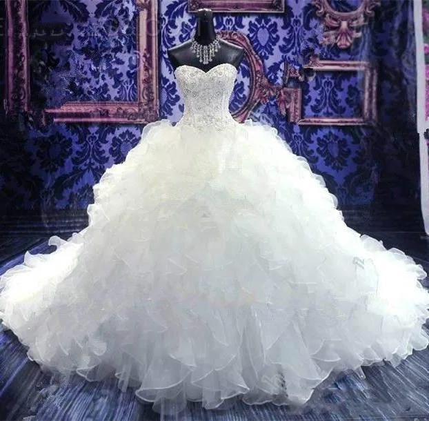 

2020 Luxury Embroidery Beaded Ball Gown Wedding Dresses With Sweetheart Lace Up Back Organza Ruffles Bridal Dresses Hot Sell