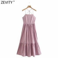 zevity women sexy contrast color striped print pleats sling midi dress female chic side zipper summer camisole vestido ds8236