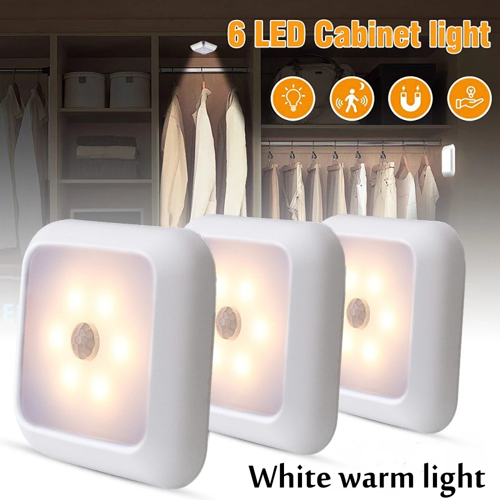 

3pcs Battery Powered 6 LED Square Motion Sensor Night Lights PIR Induction Under Cabinet Light Closet Lamp For Stairs Kitchen
