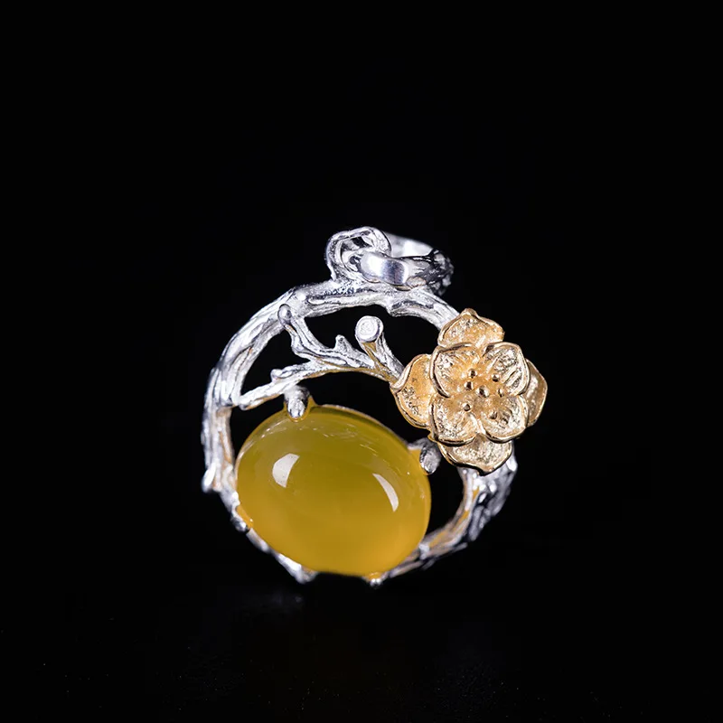 

925 Silver Yellow Chalcedony Hollow Flower Black Leather Rope Pendant for A Necklace Retro Artistic Temperament Charms Wholesale