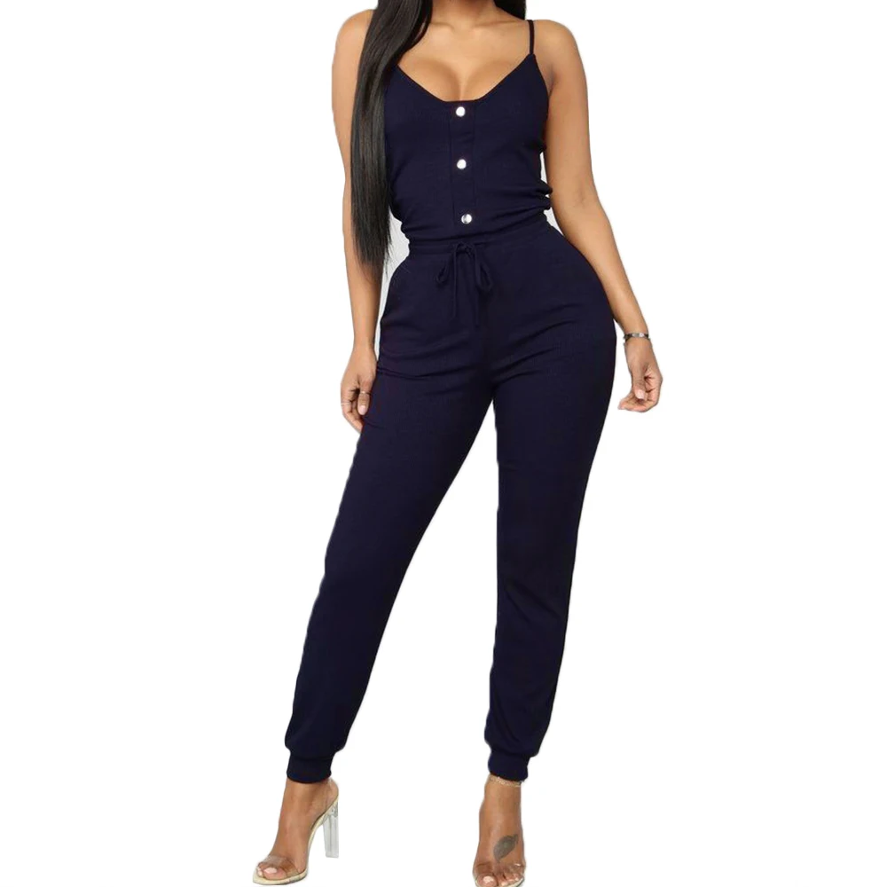 

Women Summer New Solid Jumpsuit Elegant Sleeveless V Neck Sling Long Pants Adjusted High Waist Drawstring Ladies Rompers D30