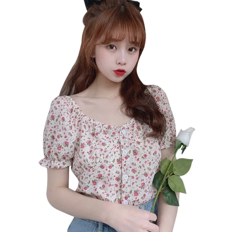 

Women's Print Square Collar Sweet Short Sleeve Chiffon Shirt