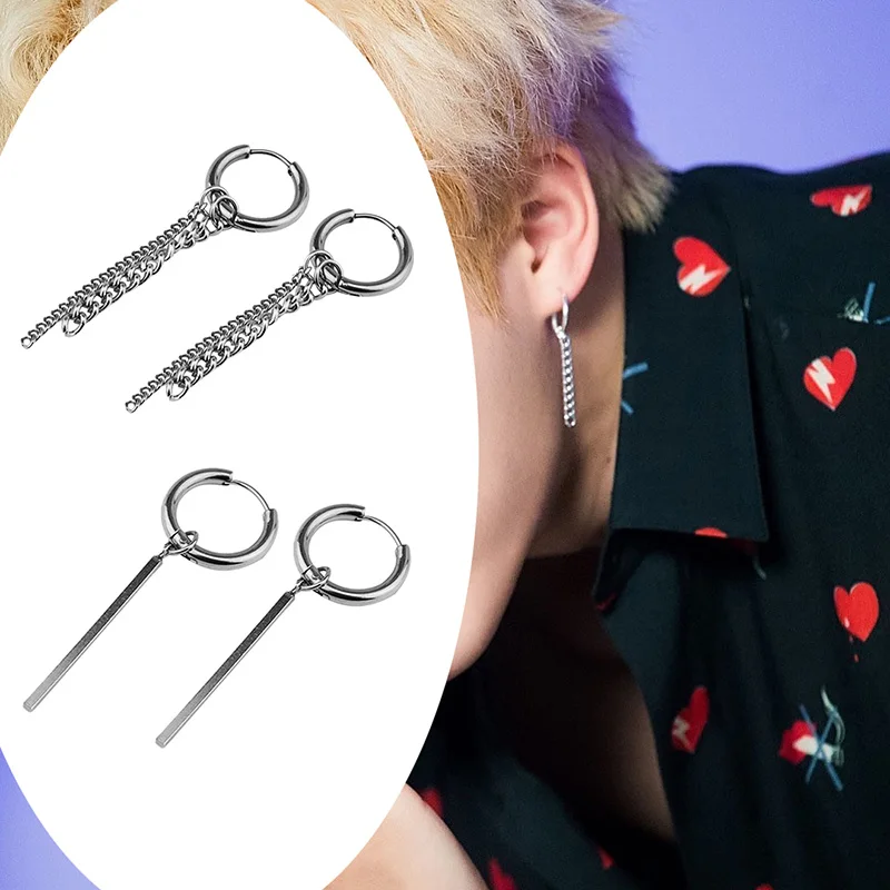

1 Pair New Stainless steel Short Stick Long Chain Tassel Earring Punk Men Women Piercing Asymmetry Earrings Jewelry