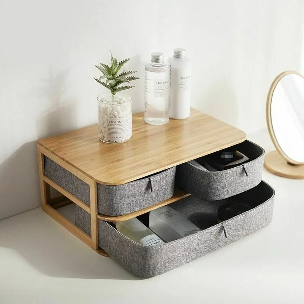 

Bamboo Desk Organizer Makeup Jewelry Storage Box Bins Drawer Oxford Cloth Cosmetic Display Storage Box make up Basket