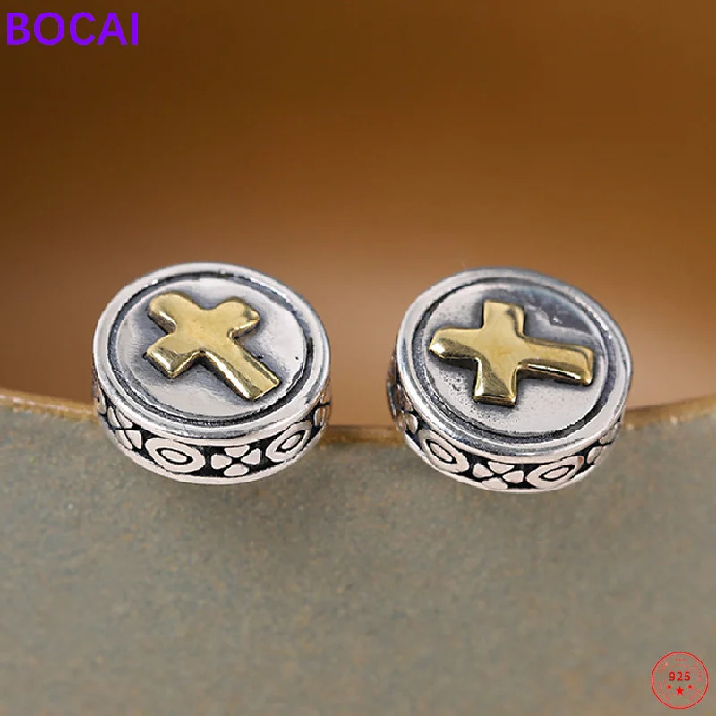 BOCAI S925 Sterling Silver Charm Earrings 2021 Temperament Retro Old Cross Ear Studs for Women Pure Argentum Personality Jewelry