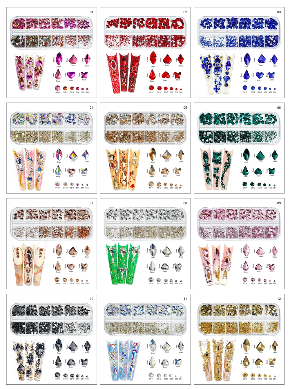 

AB Crystal Nail Art Set:60pcs (6 shapes,each 10pcs) Nail Art Glass decoration Gems; K9 Nail Rhinestone(SS4,SS6,SS8,SS10,S12,SS16