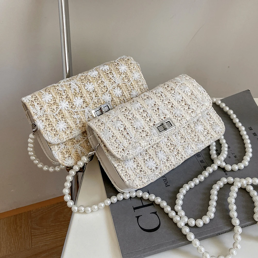 

Female Summer Crossbody Bags Ladies Handmade Woven Women Summer Flower Pearl Chain Crossbody Bag Ladies Fashion Flap