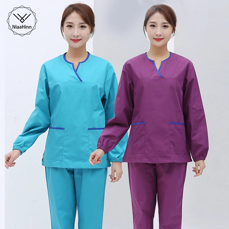 High Quality Spa Uniform Unisex Fashion Y-neck Long Sleeve Work clothes Pet grooming institutions Scrub set Beauty Salon | Тематическая