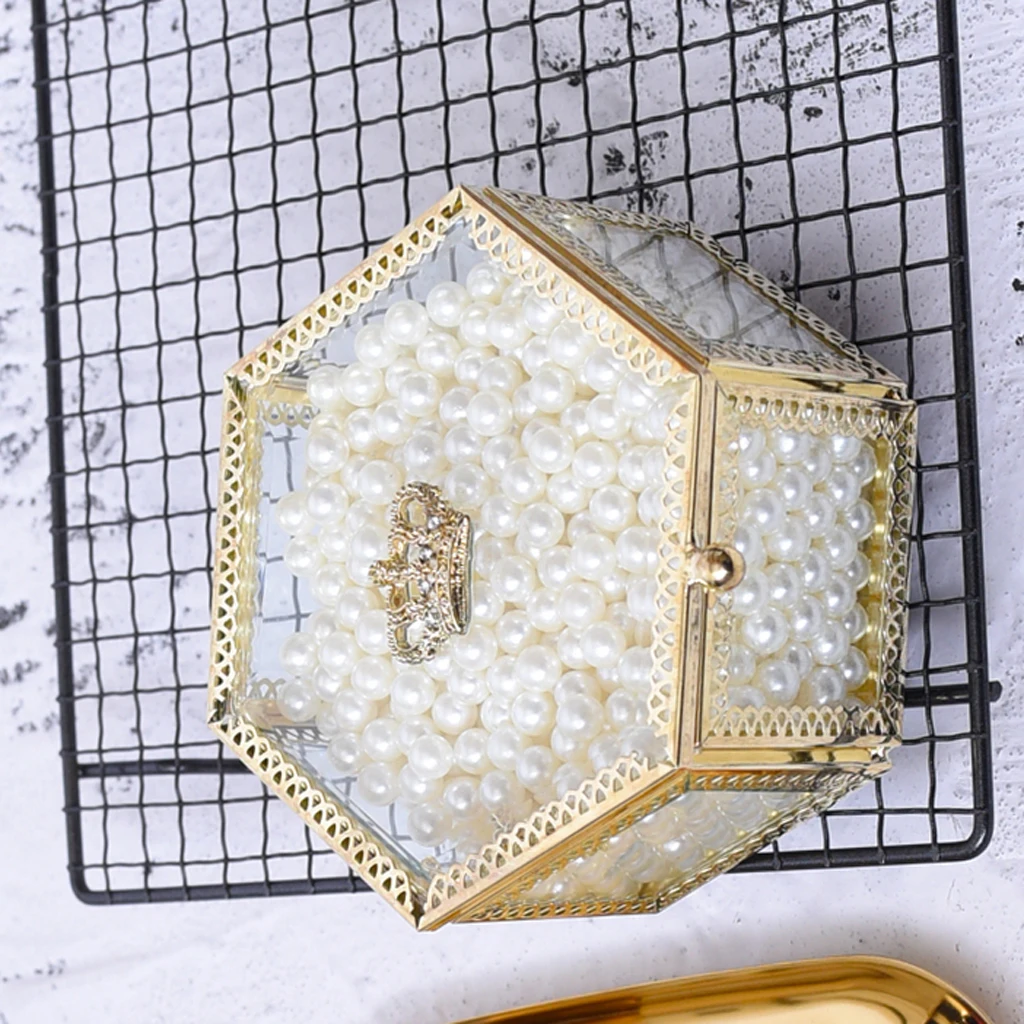 

Hexagonal Clear Glass Hinged Top Lid Box Tabletop Display Case Lovely Corwn