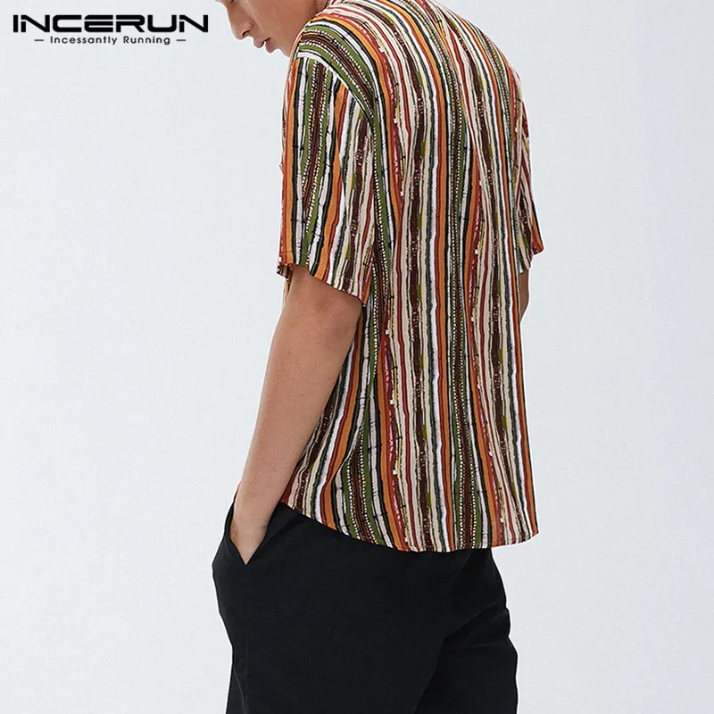 

INCERUN Men Hawaiian Shirt Striped Breathable Lapel Short Sleeve Camisa 2021 Summer Casual Beach Streetwear Chic Blouse S-5XL