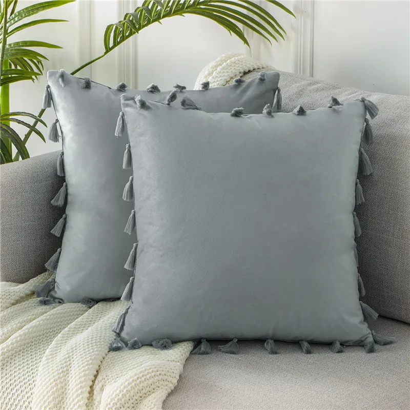 Gray-Set of 2 Topfinel Твердые бархатные наволочки украшения наволочки мягкие квадратные с кисточкой для дивана кровати домашний декор автомобиля подушки - Цвет: Gray-Set of 2