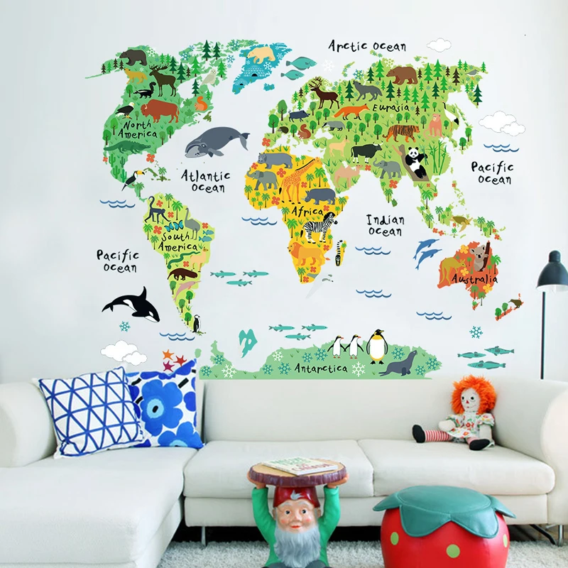 

World Map Vinyl Wall Sticker For Kids Room Home Decor 3D Decals creative Pegatinas De Pared Living Room StickersColorful Animal