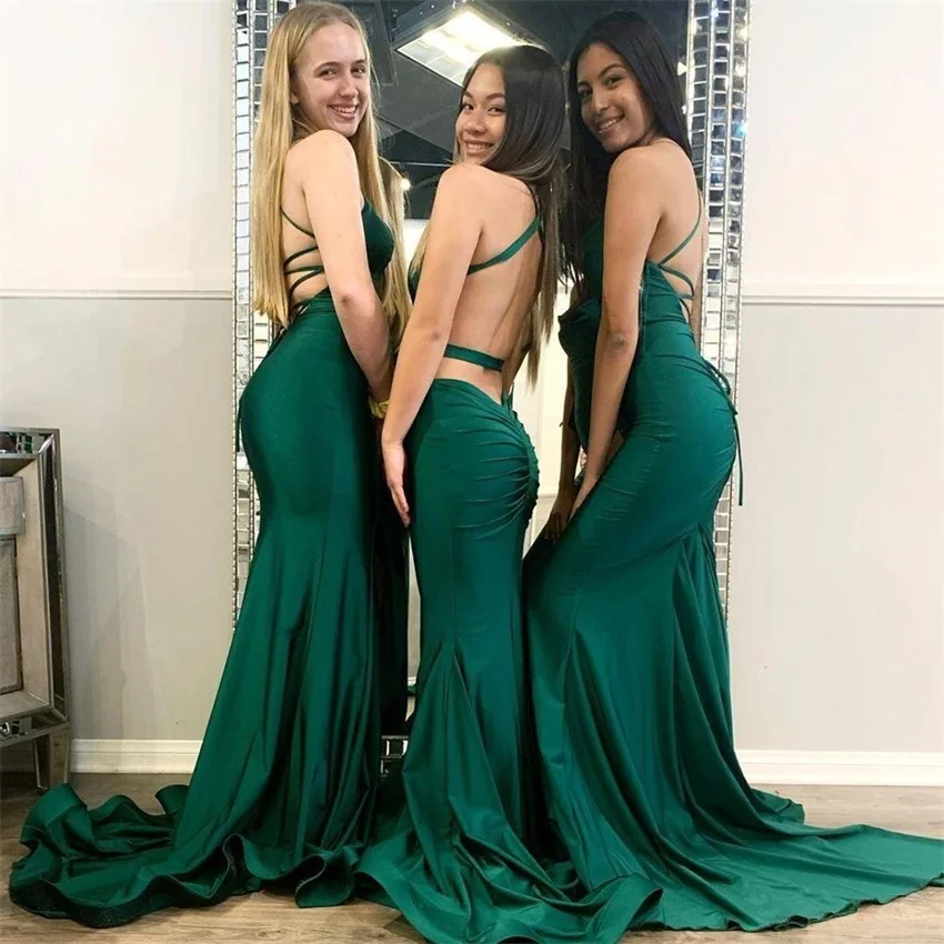 

Green Mermaid Bridesmaid Dress Spaghetti Straps Backless V Neck Sleeveless Wedding Guests Party Gown vestidos de fiesta de noche