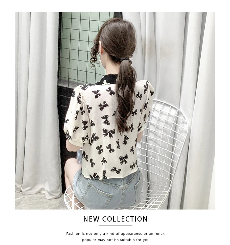 

Chiffon Slim Women's Blouses New Casual Fashion Shirt Printing Buttons Short Sleeve Peter pan Collar Tops Summer Houthion