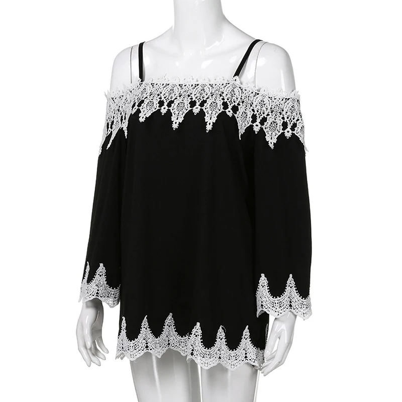 

2019 Spring Fashion Women Sexy Slash Neck Off Shoulder Tee Tops Ladies Long Sleeve Pullover Lace Patchwork Casual T Shirt