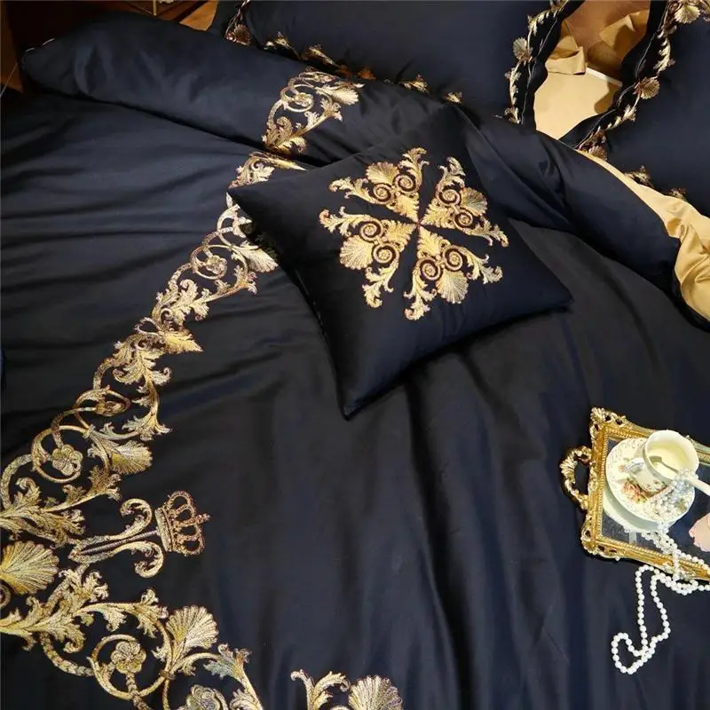 30 Egypt Cotton Black Gold Crown Bedding Set Embroidery Silky Duvet Cover Sets Bed Sheet Pillowcases Queen King size 4/6/7Pc | Дом и сад