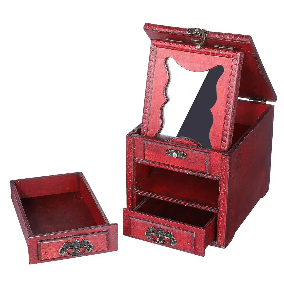

3 Layer Retro Antique Wooden Jewelry Box Earrings Ring Display Tray Holder Casket Mirror Jewelry Organizers Container Case