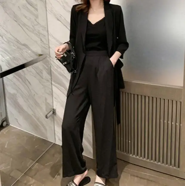 S-XL Plus Size Fashion Blazer Women's Suit 2020 3/4 Sleeve Long Cardigan+Casual Wide Leg Pant Female Spring 2 Piece Set | Женская