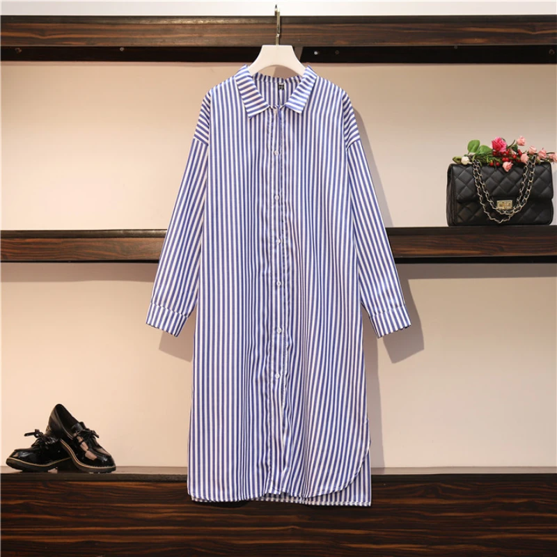 

Women Elegant Shirt Dress Spring Long Sleeve Blue Striped Sundress Loose Casual Buttons Work OL Knee-length Vestidos Plus Size