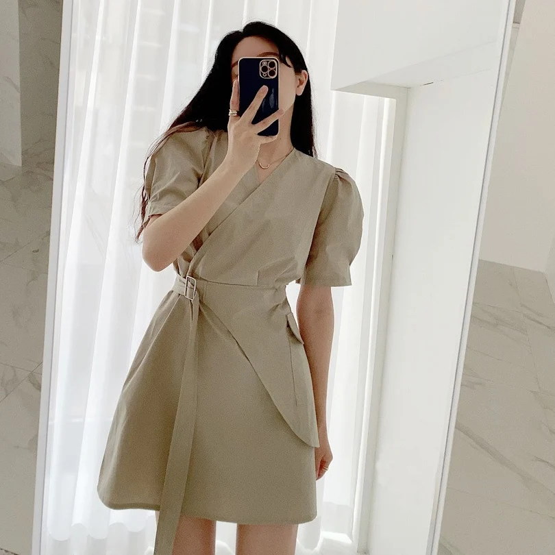 

Summer Puff Sleeve V-neck Dress Female Elegant Fake Two Dresses Women Chic Black Vintage Short Dress Lady