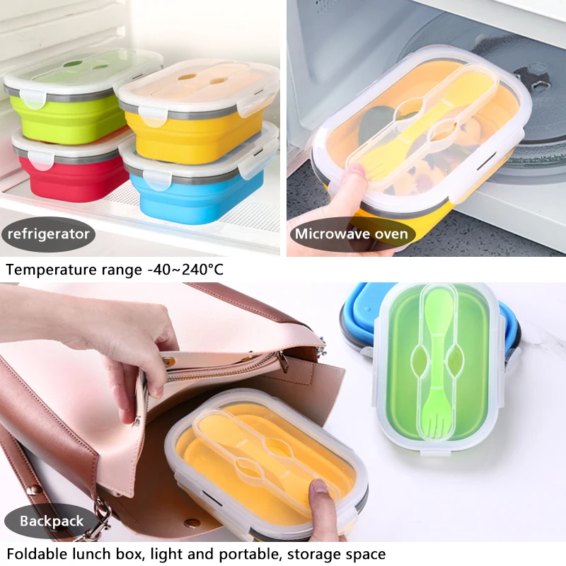 4 цвета силикона 800 мл масштабируемый складной Ланчбокс Bento Box с уплотненной пряжкой карты и три назначения посуда