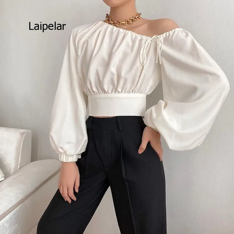 

2021 Autumn and Spring New Women's Solid Color Slant Shoulder Lace Up Lantern Sleeve Elastic Waist T-Shirt
