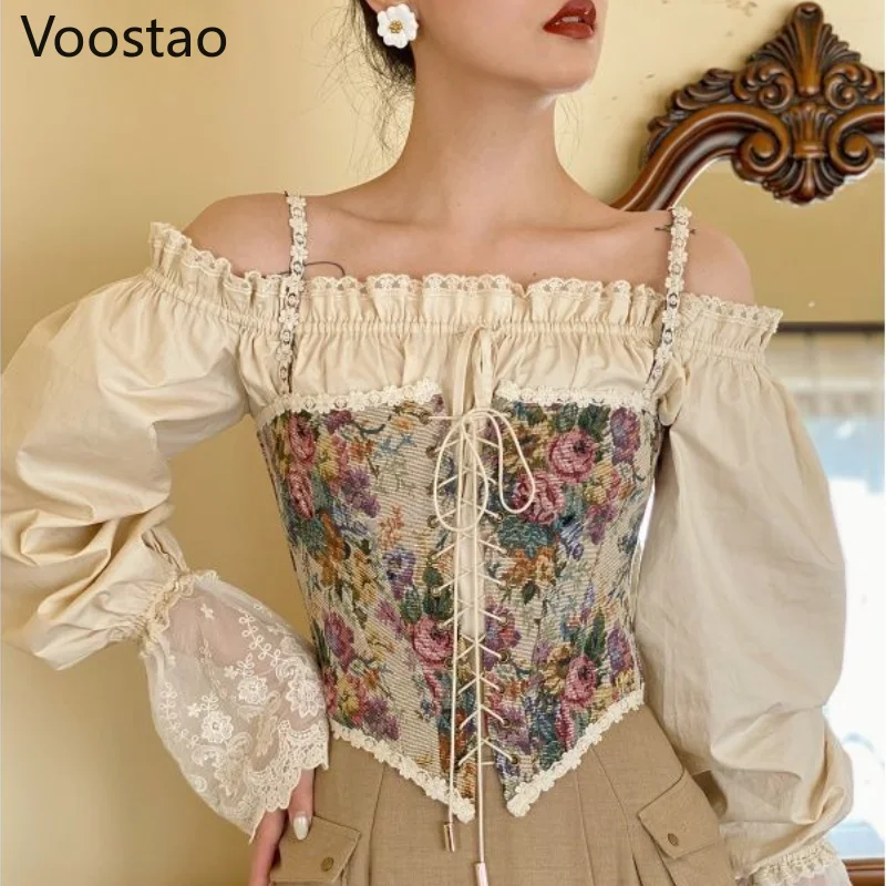 

2022 Sexy Designer Vintage Print Halter Tops Women Chic Bandage Floral Corset Shirts Female High Street Party Club Ladies Tops