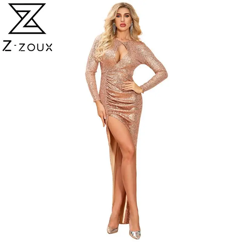 

Женское вечернее платье с длинным рукавом, асимметричным подолом и блестками