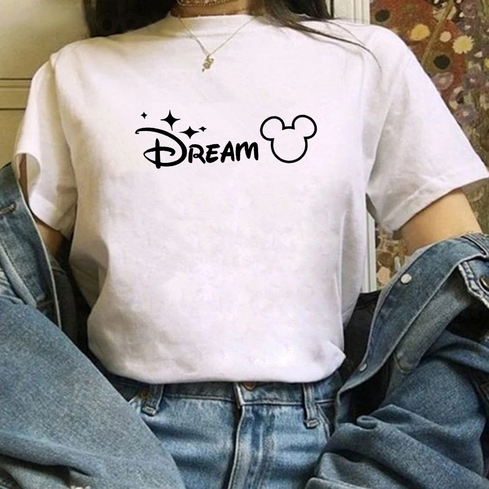 

Женская футболка с надписью модный Микки Маус DREAM, женская одежда, футболки с коротким рукавом, повседневные топы, женская футболка