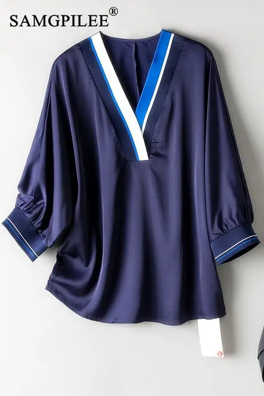 

Summer Oversized T Shirt 2021 New Korean Style Women Casual Chiffon Striped V-neck Plus Size Half Sleeve Shirt Woman 4XL