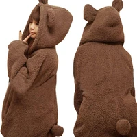 women faux fur coat plush sweatshirt with bear ears solid color zip up loose oversized hoodie pocket thick fluffy hoodies