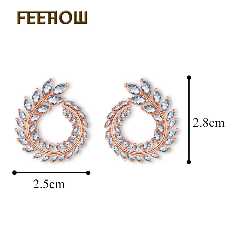 Rose Gold Gold FEEHOW, модные серьги-гвоздики с белым кубическим цирконием и камнем в виде листьев для женщин, свадебные ювелирные изделия, заводская цена, FWEP455 - Окраска металла: Rose Gold Gold