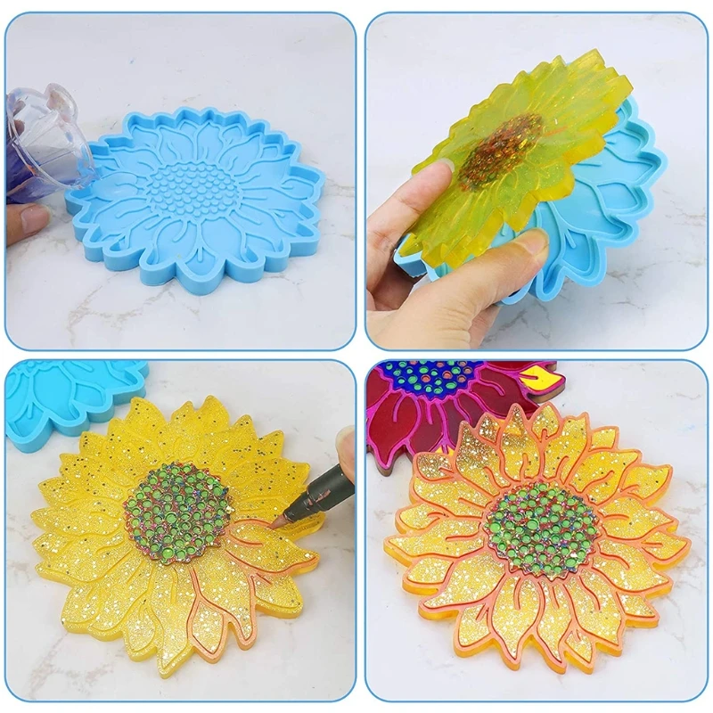 

2 Pcs Sun Flower Tray Epoxy Resin Mold Serving Plate Casting Silicone Mould DIY Crafts Cup Mat Coaster Making Tool