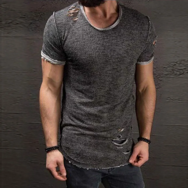 

Summer Short sleeve t shirt men fashion Hip hop gothic Hole design o-neck solid color Casual Tops man's T-shirt