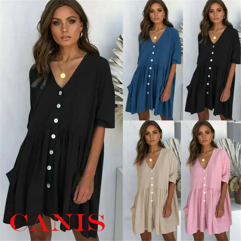 2019 Новейшее модное женское праздничное свободное платье на пуговицах с карманом