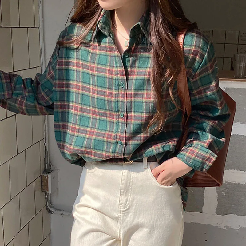 

Темно-зеленые клетчатые офисные топы, высококачественные шикарные геометрические универсальные повседневные женские свободные стильные ...