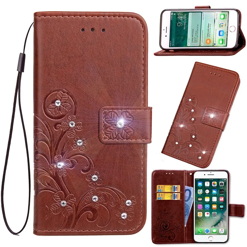 Sunjolly Rhinestone Leather Case Flip Wallet Cover coque fundas for Samsung Galaxy S9/ S9 Plus A5 A7 A8 2018 | Мобильные телефоны и