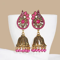 vintage pink rhinestone leaf indian earrings for women kolczyki retro gold color tassel bohemian beads bells earrings bijoux