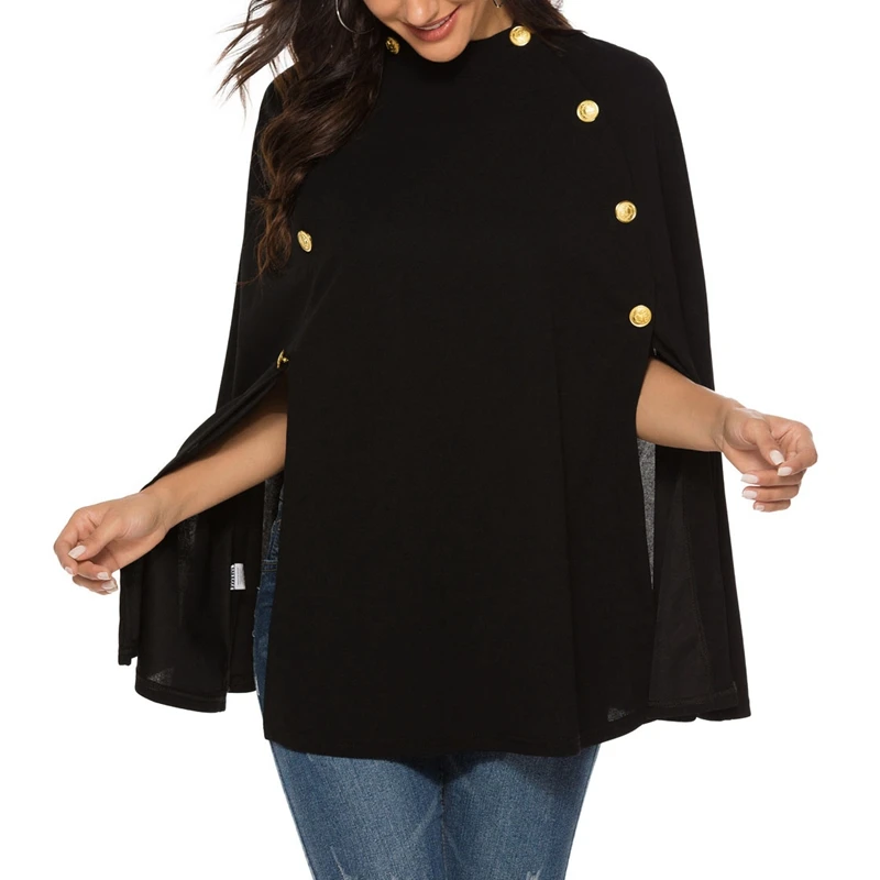 

Autumn and Winter British Stand-Up Collar Buttoned Sleeveless Big Swing Cloak Shawl All-Match Top