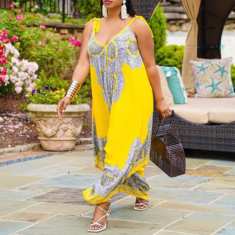 

Plus Size Spaghetti Strap Loose Jumpsuit Casual Print Sleeveless One Piece Romper Overalls