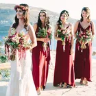 Шифоновые платья подружки невесты бордового цвета, длинное платье Madrinha с разрезом и юбкой-годе, сексуальное платье с V-образным вырезом для свадебной вечеринки, платья для гостей свадьбы