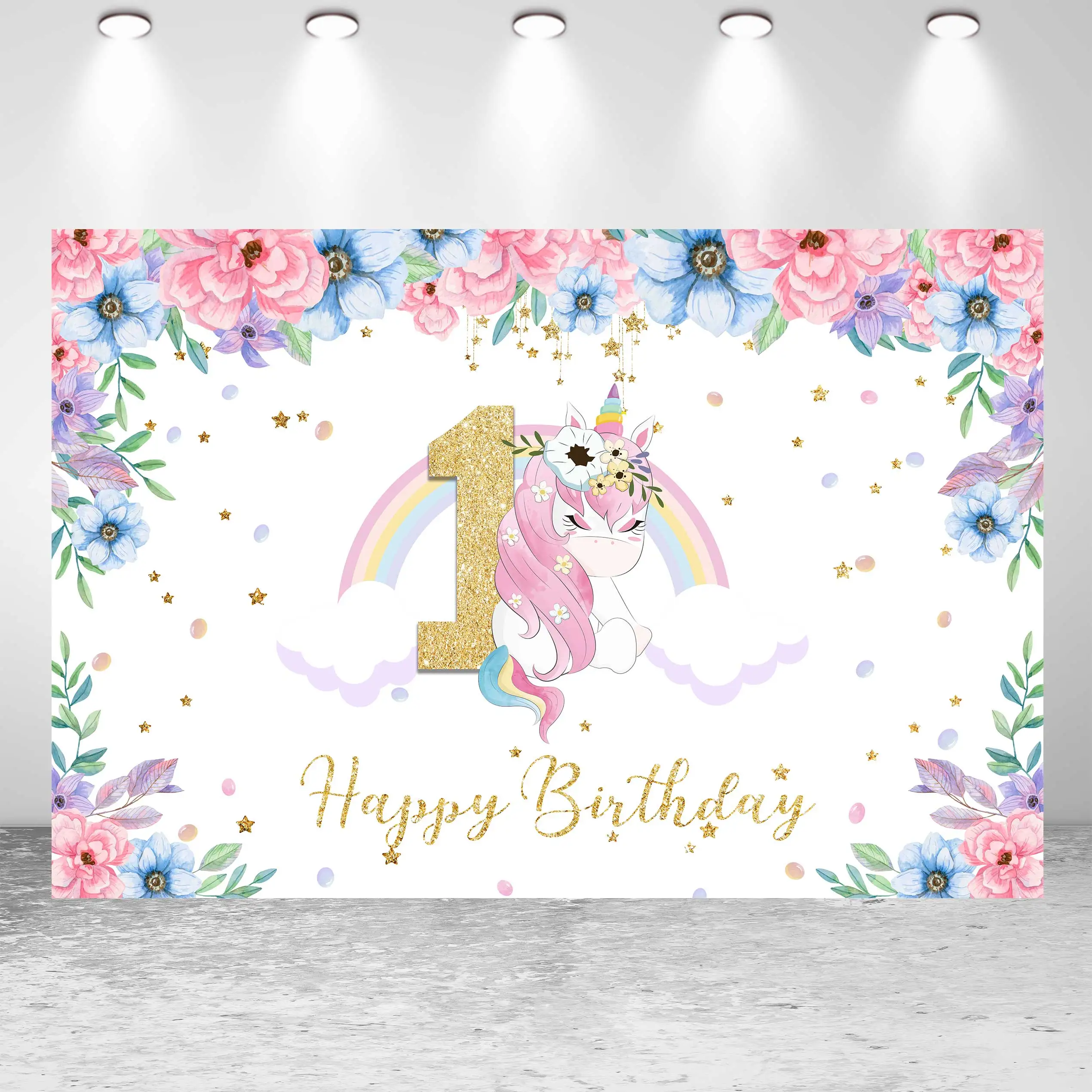 

Фон для фотосъемки с изображением радуги акварели цветов Фэнтези единорога вечеринки в честь Дня Рождения Ребенка NeoBack