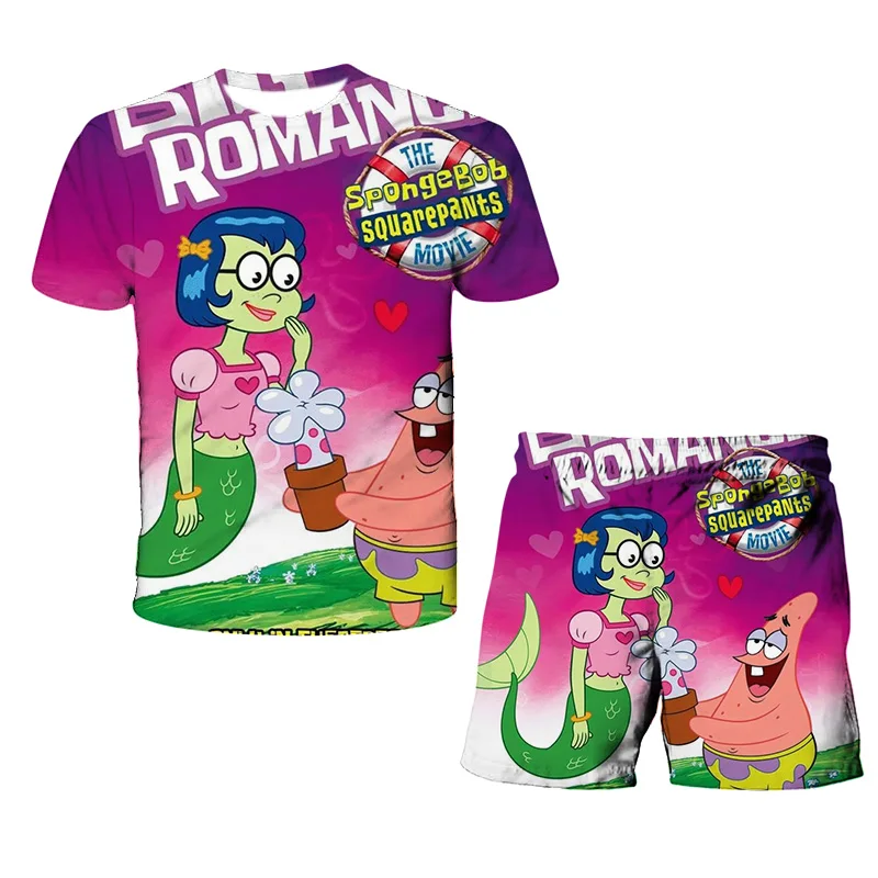 

Children's Set 3D Sponge Animation Printing Kids T-shirt + Shorts 4-12y Summer Fashion Boys /Girls Short Sleeve Casual Tops Tee