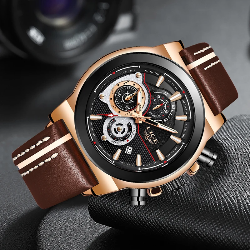 

Relogio Masculino LIGE Sport Chronograph Men's Watch Leather Band Wristwatch Big Dial Quartz Watches with Luminous Pointers+Box