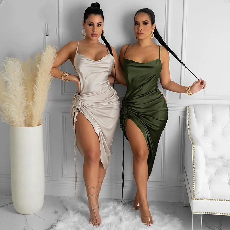 

Женское атласное платье с рюшами, Длинные вечерние платья на тонких бретельках с воротником-хомутом и открытой спиной, лето 2021