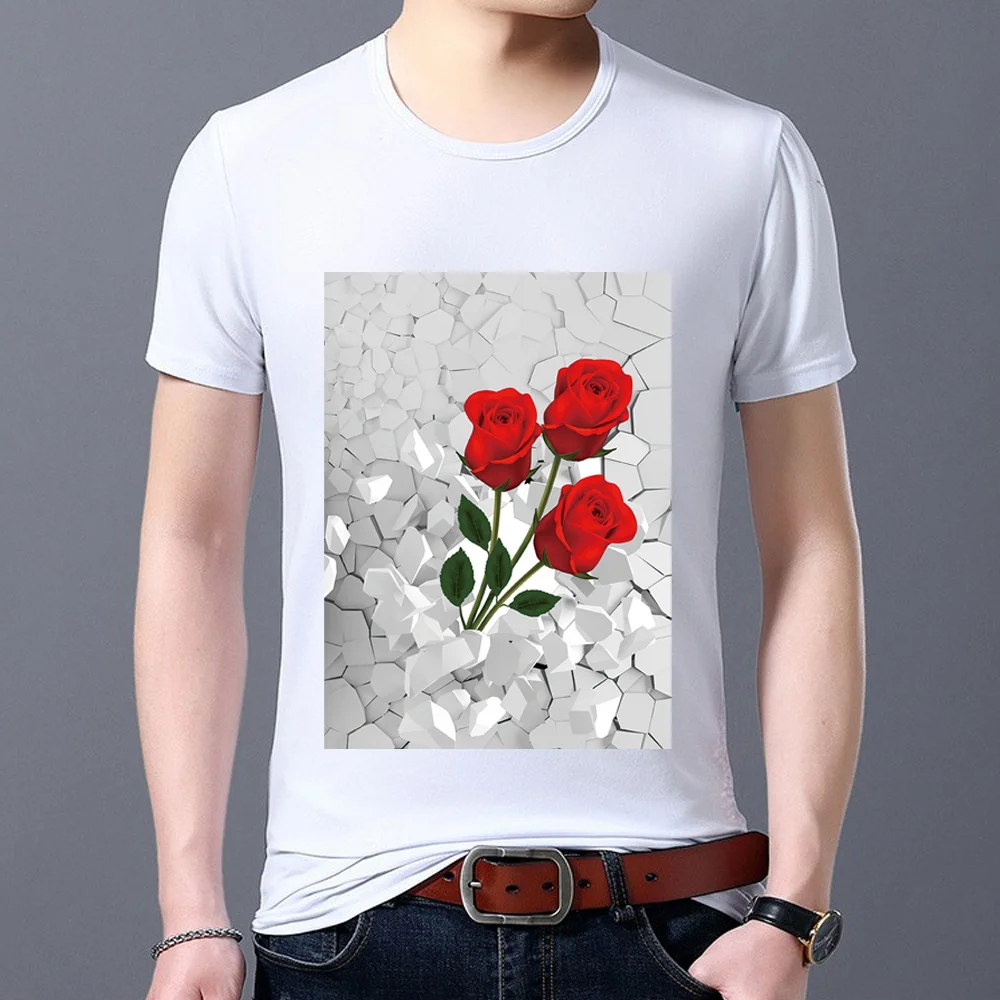 

T-shirt Men's Classic All-match Temperament Slim 3D Rose Pattern Printing Series Casual Men's T-shirt Youth O-neck Commuter Top