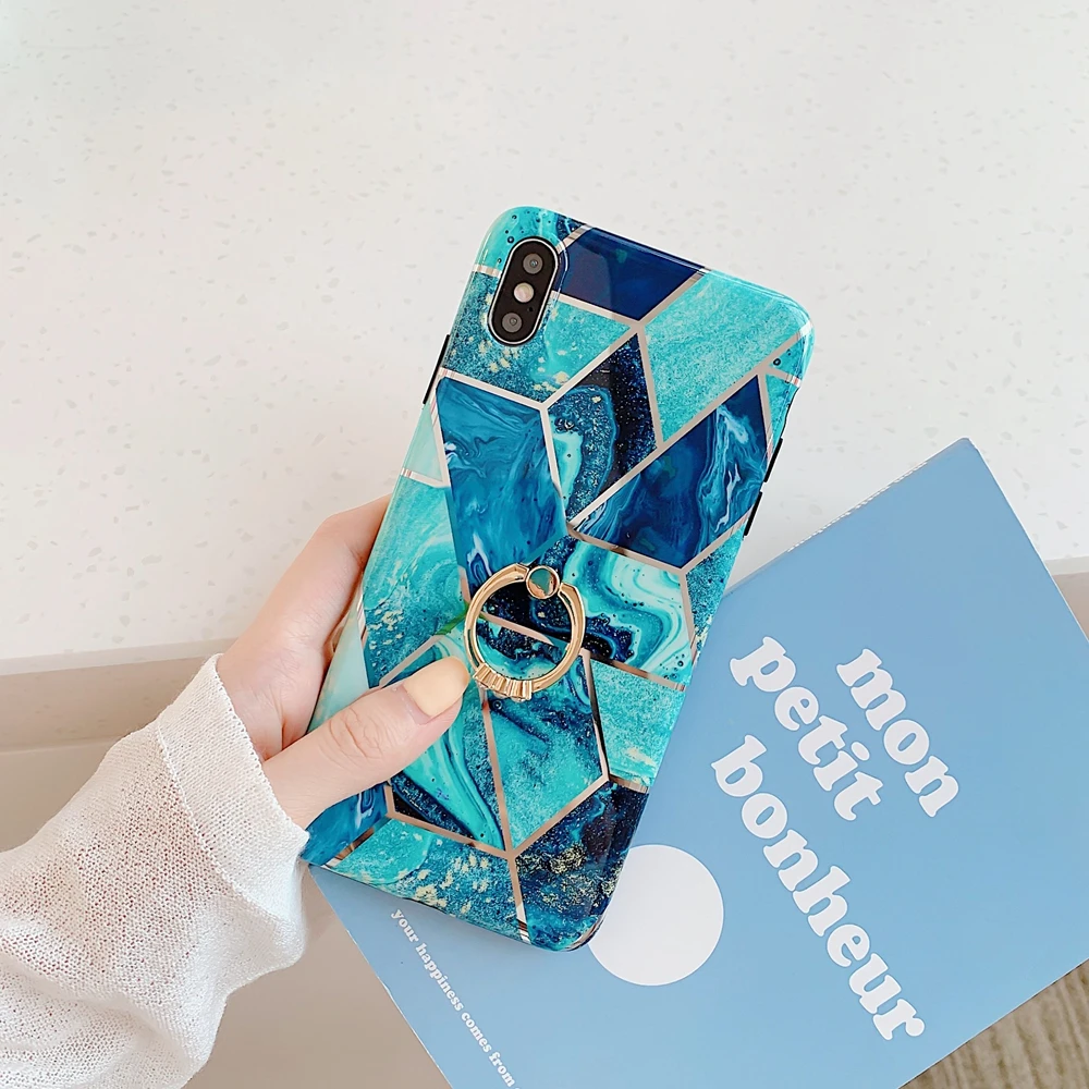 Геометрический мраморный чехол для iPhone XS с кольцом-держателем Роскошный
