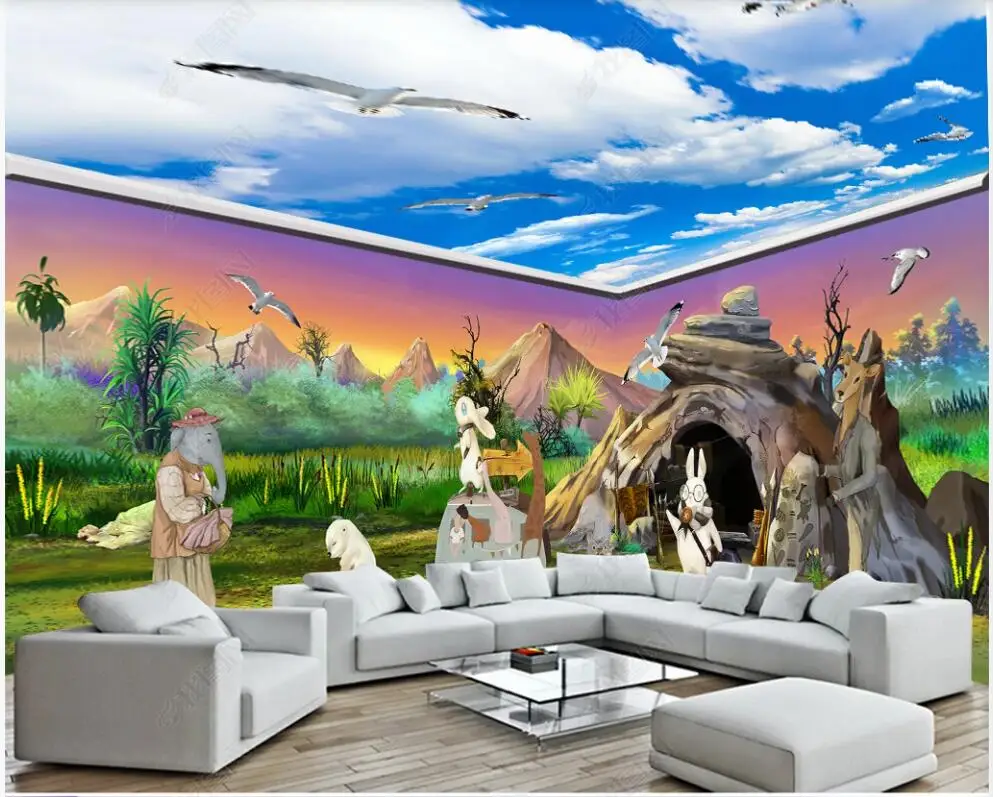 

3d photo wallpaper custom mural Cartoon animal world mountain grassland landscape whole house wall Wallpaper for walls in rolls