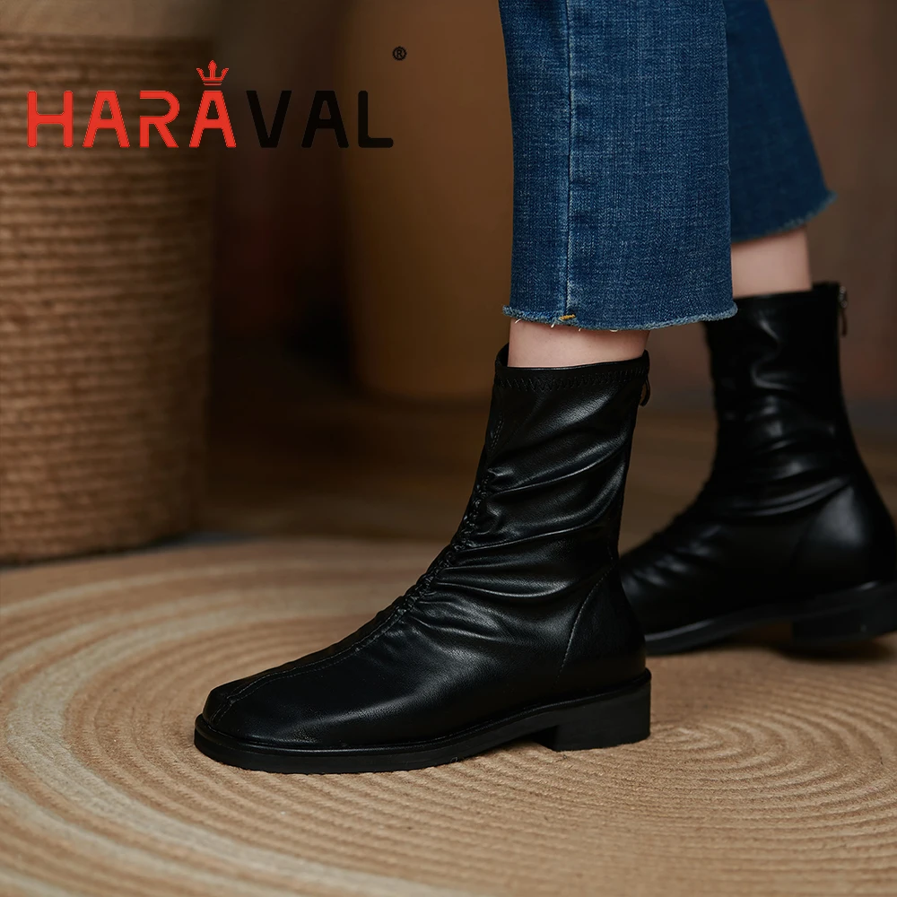 

HARAVAL Ankle Motorcycle Boots Shoes Elegant Stretch Fabric Sewing Round Toe Solid Spring Autumn Footwear Black White Shoe E337L